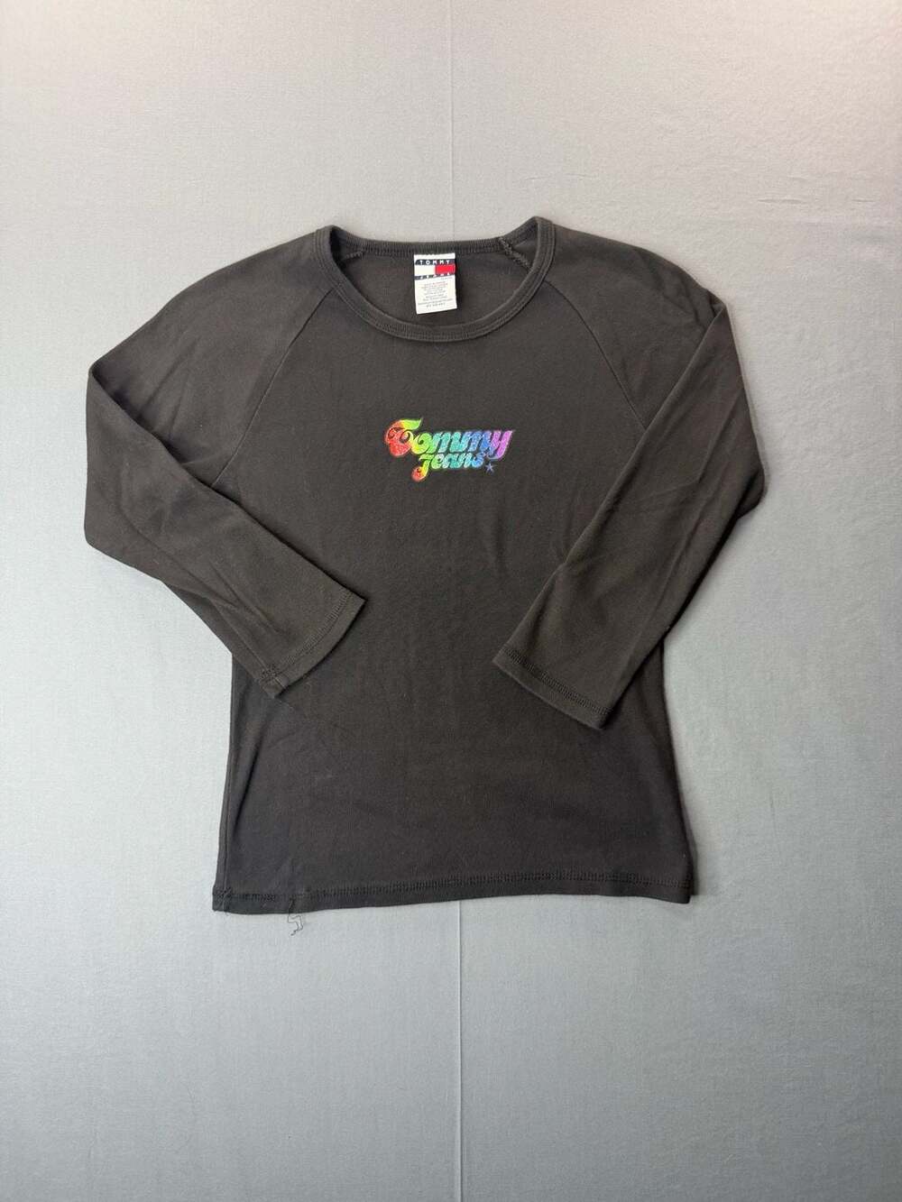 Tommy Jeans Vintage Women’s 90’s Y2K Black Long Sleeve Rainbow Logo Top Size M